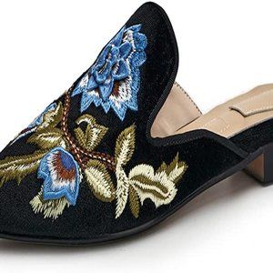 Black velvet embroidered floral dress mules
